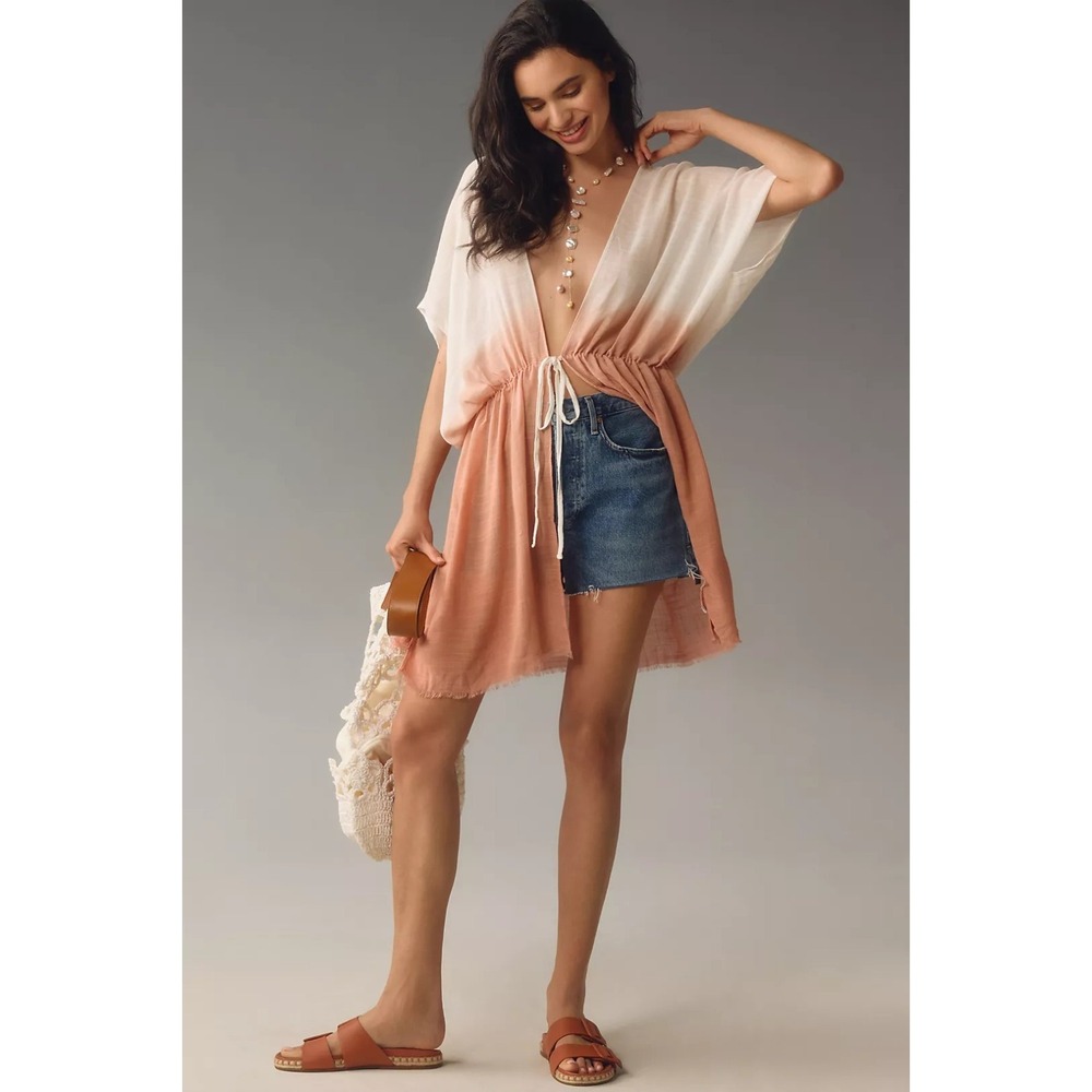 ANTHROPOLOGIE Boho Ombré Dip Dye Duster Cream Beach Cover Up Tie Front Raw Hem